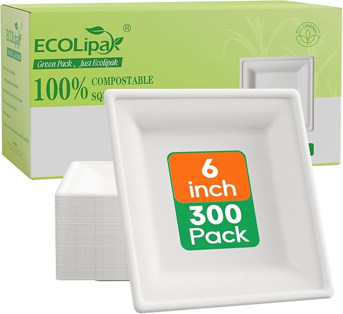 ECOLipak 7.85 Inch Compostable Square Paper Plates, 300 Count, White