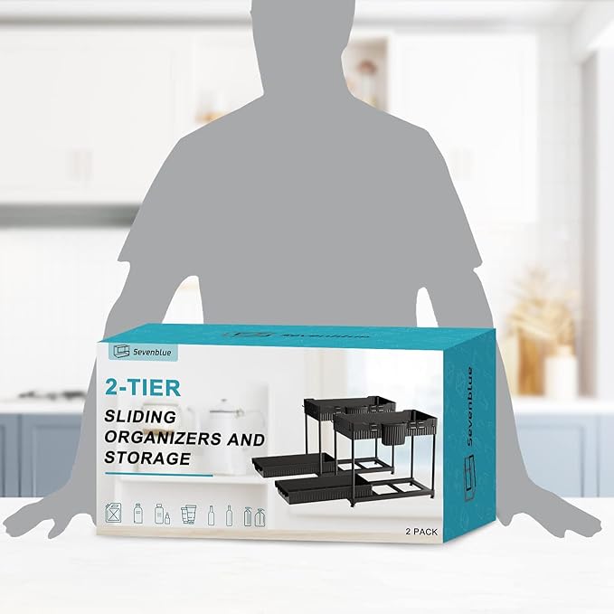 2 Pack Multi-Purpose Under Sink Organizers and Storage, 2026 Pull Out Cabinet Organizer for Bathroom & Kitchen, Under Cabinet Organizer with Hooks Hanging cup, Black