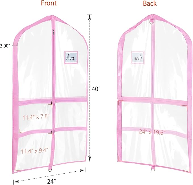Univivi Clear Pink PVC Dance Costume Bags Garment Bag 40 Inch for Dance Competitions, with 4 Medium Clear Zipper Pockets and 1 Large Back Zippered Pocket [Upgraded Version] (40'' x 24'' 6 Pack)
