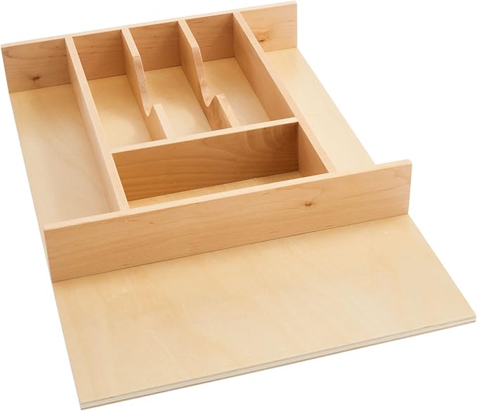 Rev-A-Shelf Trim-to-Fit Silverware Drawer Organizer for Kitchen Utensil Cutlery Cabinet Storage, Natural Maple Wood 9 Compartment Tray Insert, 4WCT-3