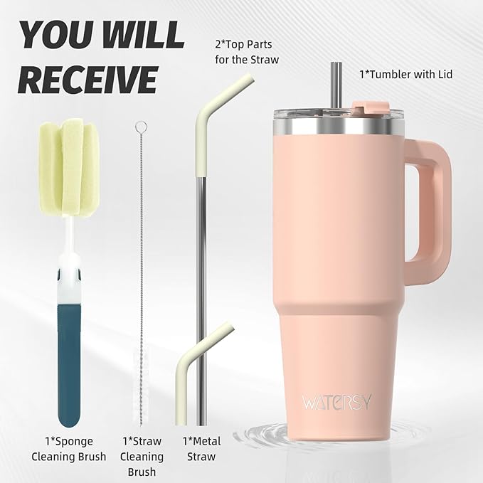 30 oz Tumbler with Handle,Tumbler with Lid and Straw,Double Wall Insulated Cup Stainless Steel Travel Mug(Cold for 34 Hours),Water Bottle for Iced Tea,Coffee,Cold Beverages(Pink)