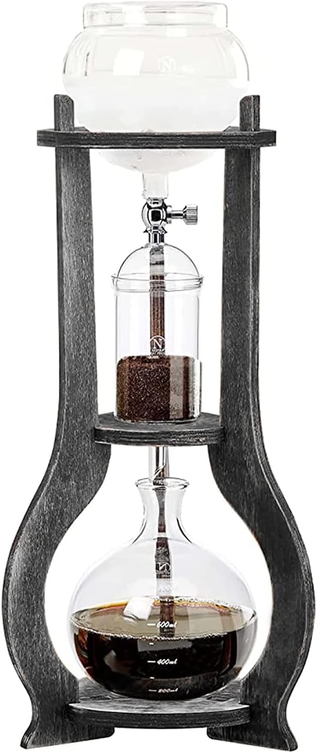 Netcoin Cold Brew Coffee Maker, 600 ml/20.29 oz Iced Coffee Tower Dripper Coffee Maker & Tea Maker 6-8 Cups, High Borosilicate Glass, Wood, 304 Stainless Steel, Copper - for Home Office (Grey)