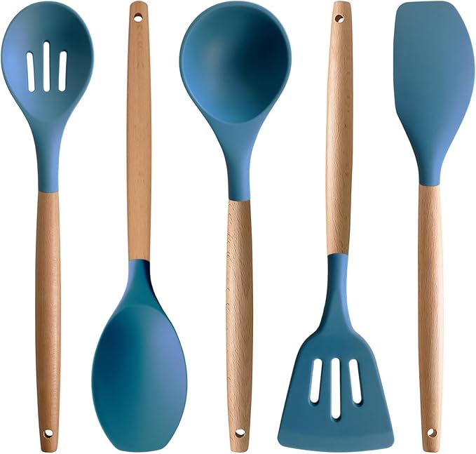 IOCBYHZ Silicone Cooking Utensils Set 5Pcs Non-Stick Silicone Kitchen Utensils for Cooking, Heat Resistant Kitchen Gadgets Spatula Spoon Turner Set with Wooden Handles for Non-Stick Cookware BPA Free