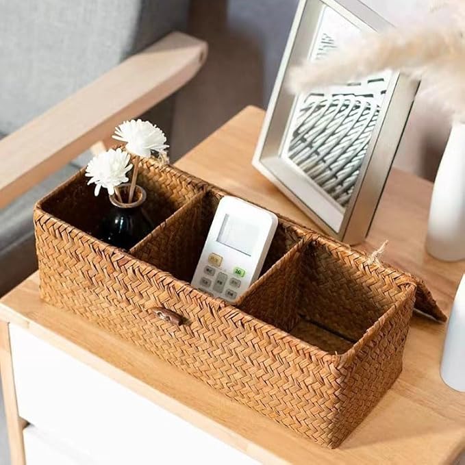 Seagrass Storage Basket for Bathroom - Toilet Tank with Lid, Wicker Woven Narrow Basket for Organizing (13" x 5" x 4.3")