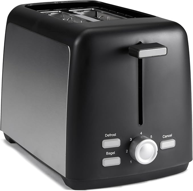 2 Slice Toaster, Extra Wide Slots for Bagels, 6 Browning Settings, Removable Crumb Tray, Defrost/Cancel/Bagel Buttons, Cord Wrap, 900W, Black & Silver