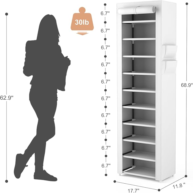 VTRIN Vertical Narrow Shoe Rack Organizer Tall Shoe Rack for Closet Entryway 10 Tier Non-Woven Cover Shoe Shelf Holds 20-22 Pairs Free Standing Shoe Storage Cabinet with Dustproof Cover, White
