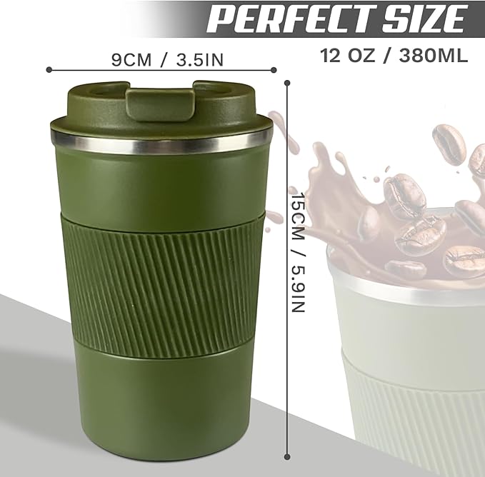 Vacuum-Insulated Stainless Steel Travel Coffee Mug, Leak-Proof Reusable Coffee Cup with Lid - Keep Hot & Cold Drinks for Hours, Durable Insulated Tumbler for Men & Women(3rd-Green, 12OZ)