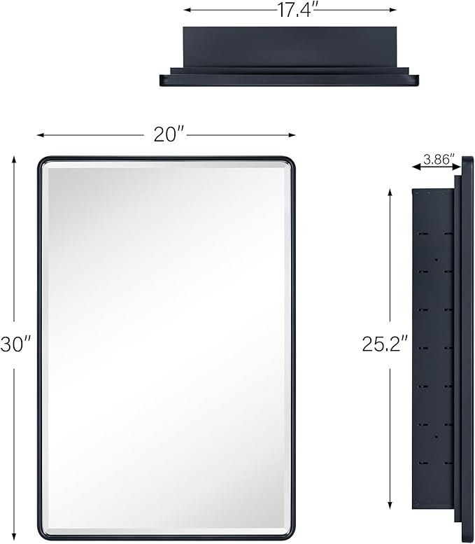 TEHOME Farmhouse Matt Black Recessed Bathroom Medicine Cabinet with Mirror Rounded Rectangle Metal Framed Medicine Cabinet with Beveled Mirror 20x30''