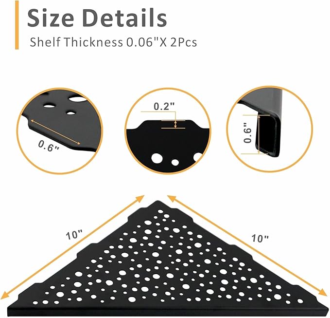 Black 10’’ Corner Shower Shelf 2 Pack, Triangular Shower Corner Shelves 304 Stainless Steel Bathroom Shower Shelf for Tiled Wall, No Drilling Needed Matte Black