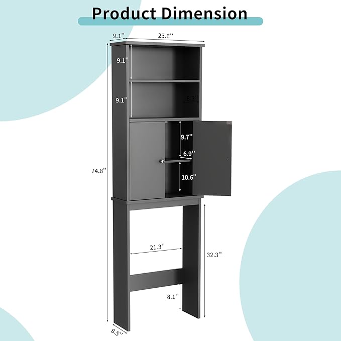 Shintenchi Over The Toilet Storage Cabinet, Bathroom Above The Toilet Rack, Bathroom Adjustable Shelf Organizer with Open Bottom Bar and Anti-Tip Device, Gray