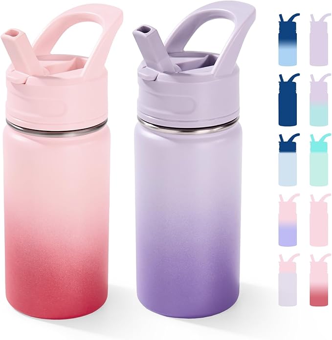 12oz Water Bottle for School, Bottles with Straws, Stainless Steel Vacuum Insulated Water Bottle, Leak-Proof, BPA-Free, Cherry + Lavender