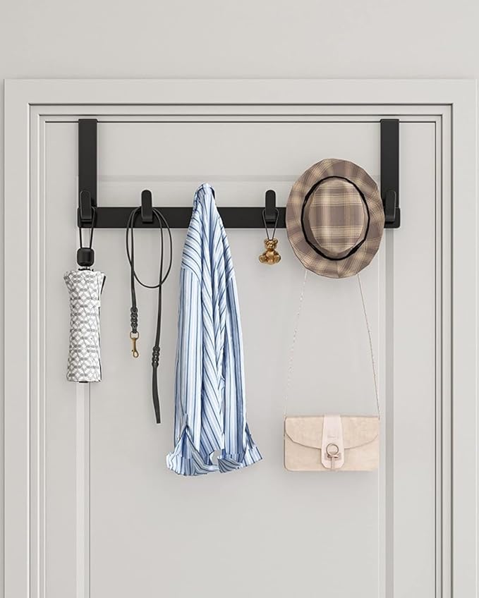 Over The Door Hooks Hanger, Heavy Duty Rack for Winter Coat, Fits 1 3/4" Doors, L7U - Bathroom Accessories and Towel Organizer Holder - Black