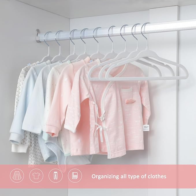 ManGotree 11" Baby Velvet Hangers, Non-Slip Infant Coat Hangers, Ultra-Thin Toddler Felt Hanger with 360° Swivel Hook, Space Saving Children's Hanger for Kids Clothes, 48 Pack (White)
