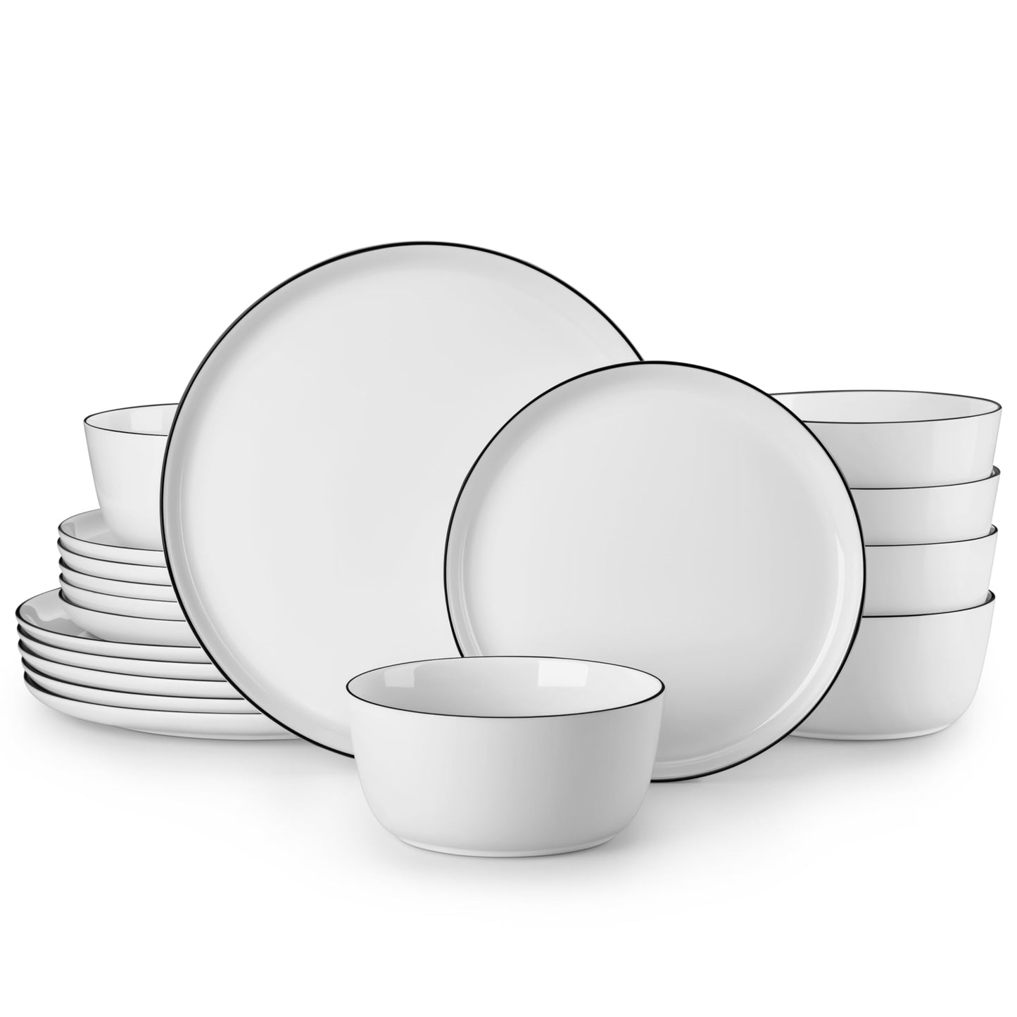 MALACASA 24-Piece Dinnerware Set for 8, White Black-Rim Porcelain Dishes