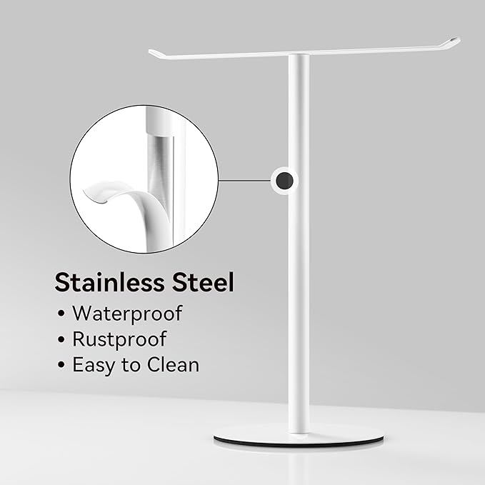 White Hand Towel Holder Stand – Countertop T-Shaped Stainless Steel Towel Rack with Non-Slip Base for Vanity and Kitchen
