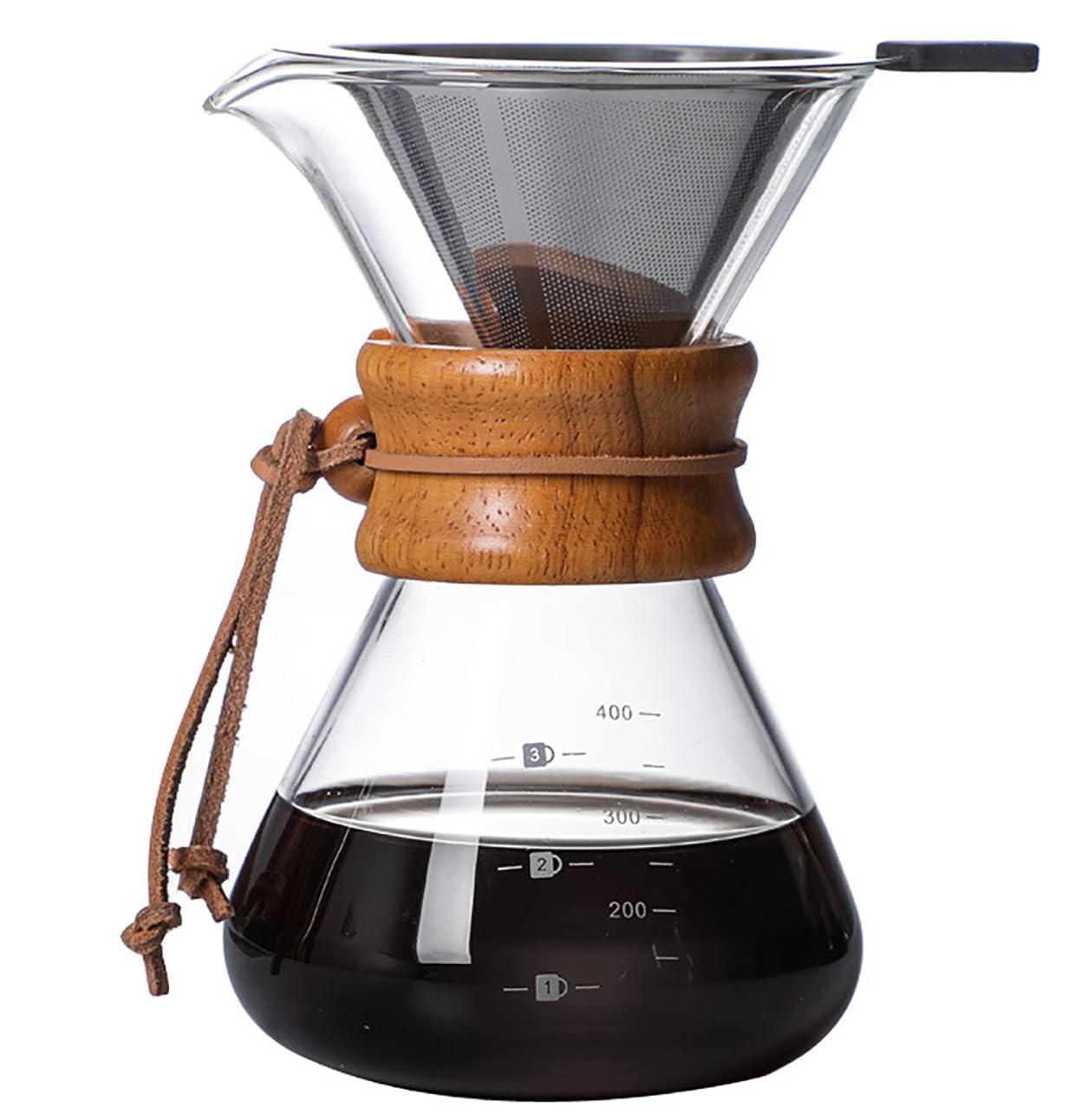 COFISUKI Pour Over Coffee Maker with Reusable Stainless Steel Drip Filter, Lead-Free Borosilicate Glass Coffee Carafe with Modern Wooden Collar for 1-2Cup, Diamond Clear (400ml/13.5oz)