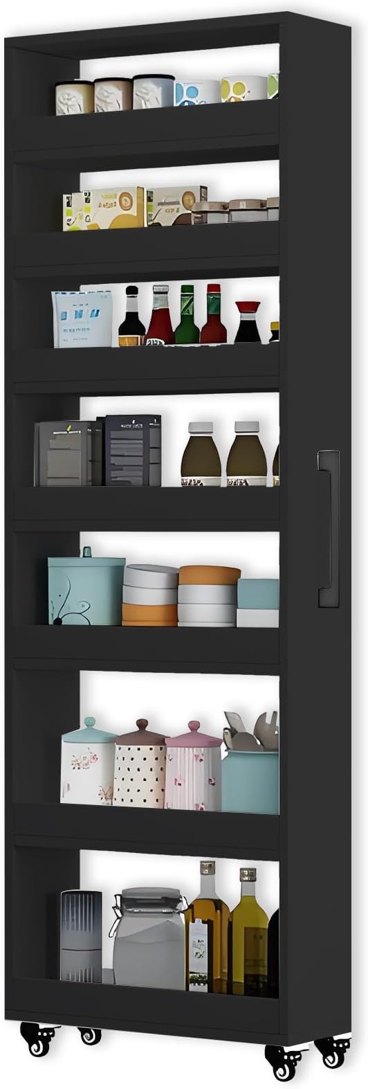 MINGRUIYU 7-Tier Slim Storage Cart, Wooden Rolling Pantry Cabinet with Wheels, Narrow Shelf Organizer for Kitchen, Bakers Rack, Dining Room, Closet, Small Spaces Teak 73.2''H*9.8''W*19.6''D