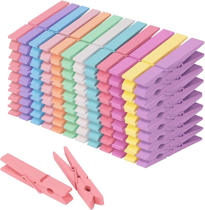 Colored Clothes pins 12 Color, Colorful ClothesPins Wooden Clips for Photos Pictures Decorative Crafts, Decoration clothespins Clothing Hanging clothespins 2.9inch 100PCS (Rainbow Colors)