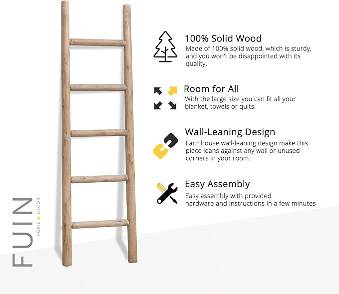 FUIN 57in Wood Blanket Ladder Living Room Decorative Wall Leaning Farmhouse Quilt Display Holder Rustic Wooden Towel Rack for Bathroom, Brown