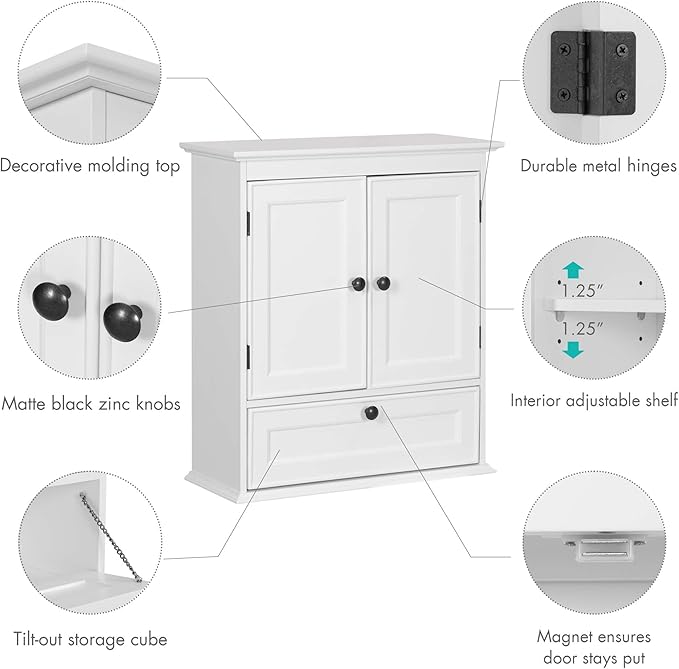 Spirich Bathroom Cabinet Wall Mounted, Small Bathroom Wall Cabinet Over Toilet, Medicine Cabinet Organizer with Doors and Adjustable Shelf, White