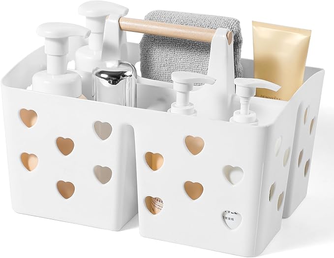 Portable Shower Caddy Plastic Shower Basket Organizer Divided Bathroom Caddy Storage Cleanning Caddy Tote with Handle for College, Dorm Room, Kitchen, White