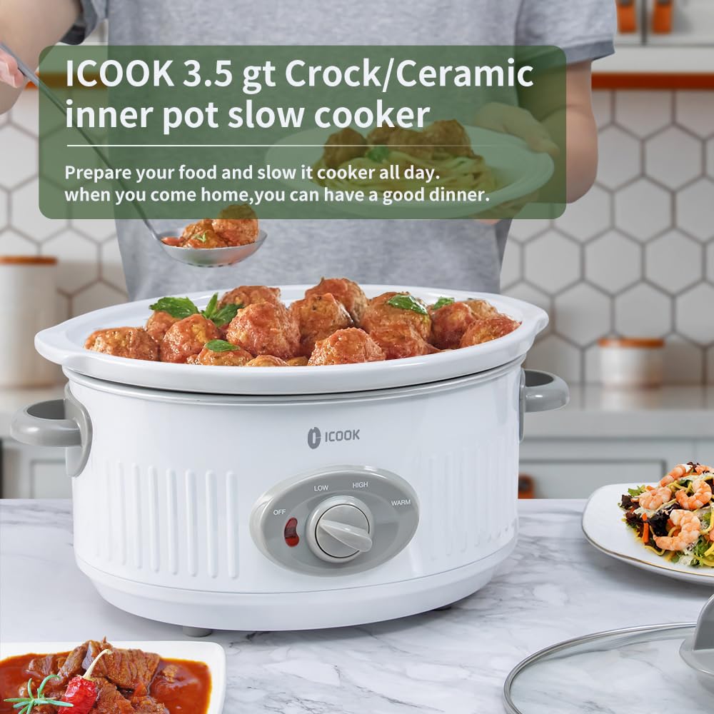 ICOOK USC-65-OP001BL 6.5 Quart Slow Cooker,Aluminium Sear/Sauté Stew Pot Stovetop safe,Dishwasher Safe,Glass Lid,Adjustable Temp,Food Warmer(Blue)