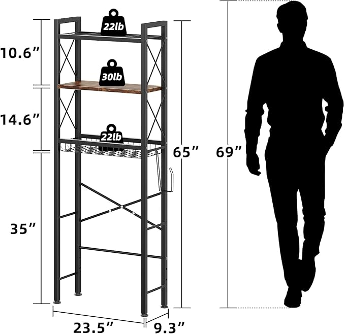 Over The Toilet Storage with X Shape Side Guardrail, 3-Tier Over Toilet Storage Rack with Drain Basket, Freestanding Bathroom Organizer for Balcony Laundry, Vintage Brown