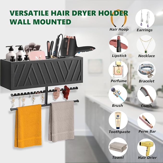 Rustic Hair Dryer Holder Wall Mounted,Hair Styling Tools & Accessories Organizer,Bathroom Supplies & hot Tools vanities Organizer Caddy,for Storage Flat Iron,Blow Dryer,Curling Iron,Towel