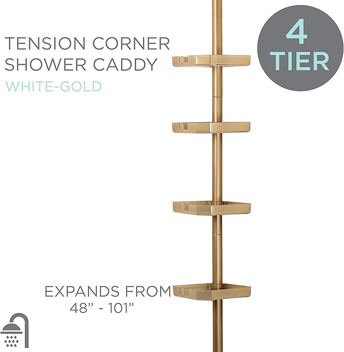 Bath Bliss 4 Tier Tensions Corner Shower Caddy | Shelves | Adjustable 48“-101” | Bathroom Organizer | Bathtub and Shower Stall | Holds Large Bottles | Soap | Shampoo | Washcloths | Gold