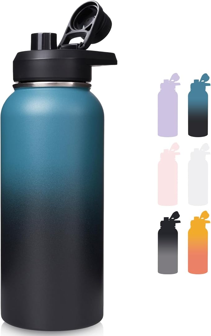 32 oz Insulated Water Bottle with Handle, 304 Stainless Steel Water Bottles with Wide Mouth, Double Wall Vacuum Sports Water Bottle, BPA Free, Keep Cold and Hot, Blue&Black