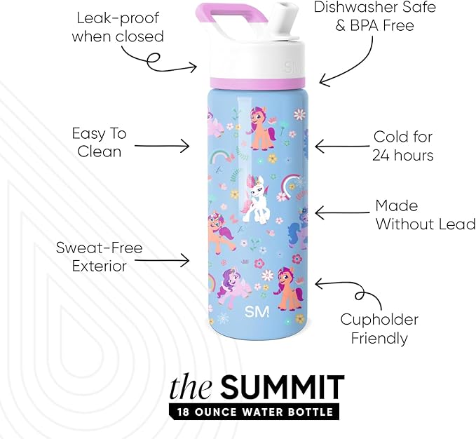 Simple Modern Kids Summit Water Bottle with Straw Lid | My Little Pony Kids 18oz Stainless Steel Cup Insulated Tumbler for Girls, School | Garden of Rainbows