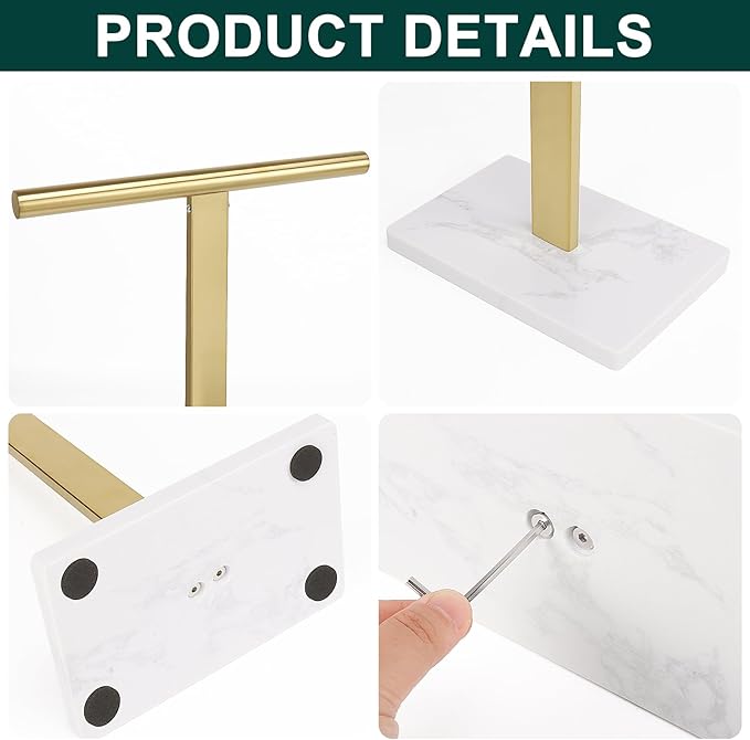 Hand Towel Holder, T-Shape Hand Towel Stand for Bathroom, Hand Towel Rack Bar Standing for Vanity Kitchen Countertop, 304 Stainless Steel, Marble Base (Gold)