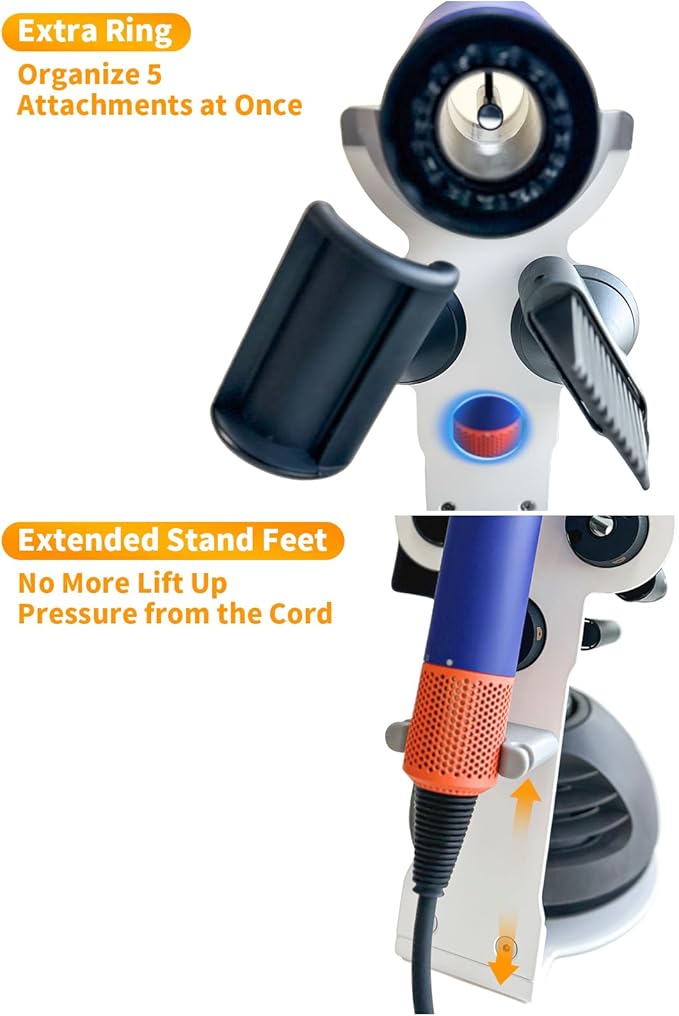 Hair Dryer Holder Stand for Dyson Hair Dryer, Upgraded Dyson Hair Dryer Holder Dyson Hair Dryer Stand White to Store 5 Dyson Hair Dryer Attachments with Cable Hook