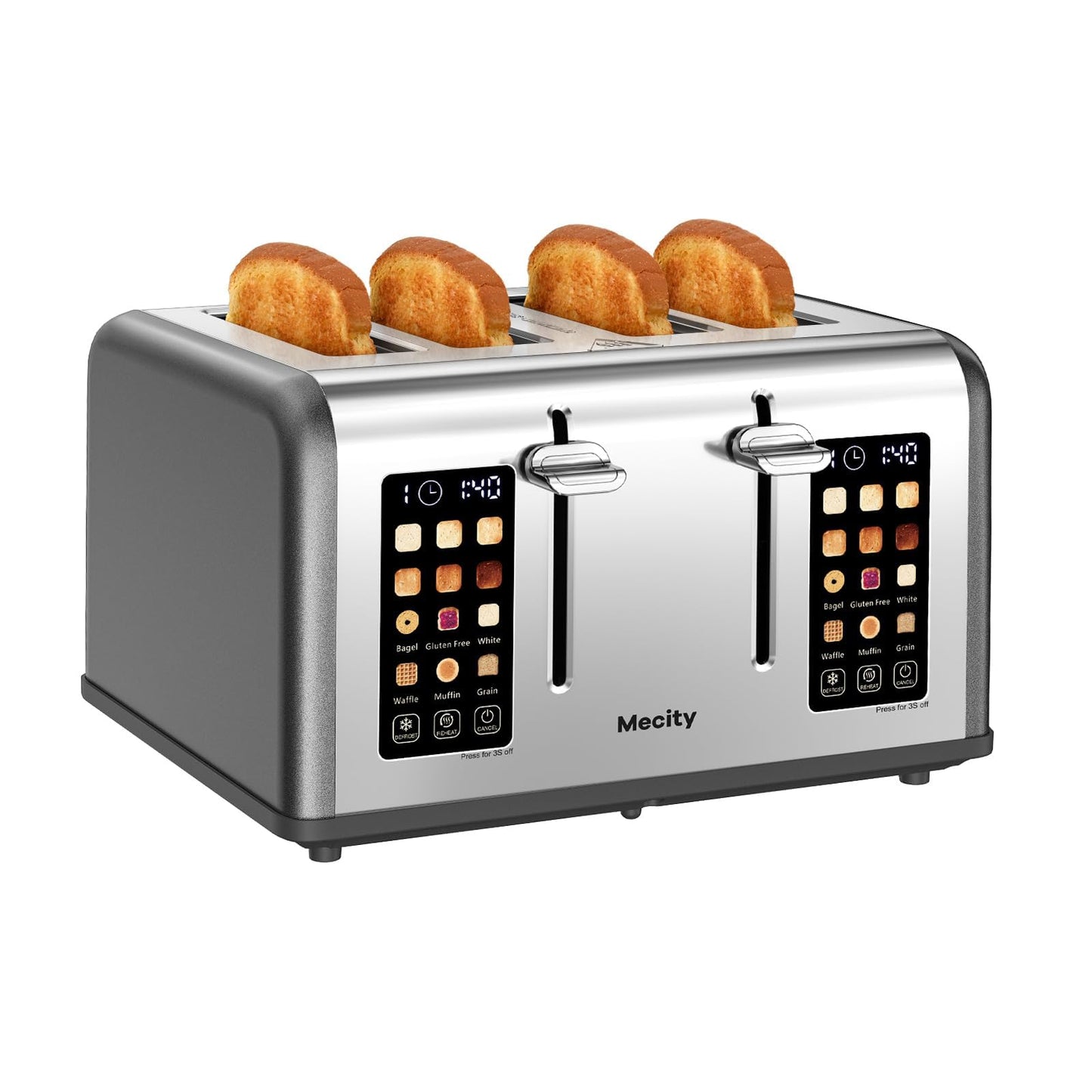 Mecity 4 Slice Toaster with Touch Screen Control, 4 Wide Slots, Stainless Steel Smart Bread Toaster for Bagels, Muffins, Waffles, Dual Control Panel, Timer, Defrost, Reheat, 120V 1650W