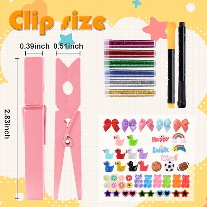 JOICEE 60 Set Cheer Pins Spirit Clips, 60 Colored Wooden Clothes Pins 102 Mini Resin Ducks Bows Daisy and Stickers Pens 150 Clay Beads for Backpacks Ribbon Team Classroom Cheer Gifts Bulk