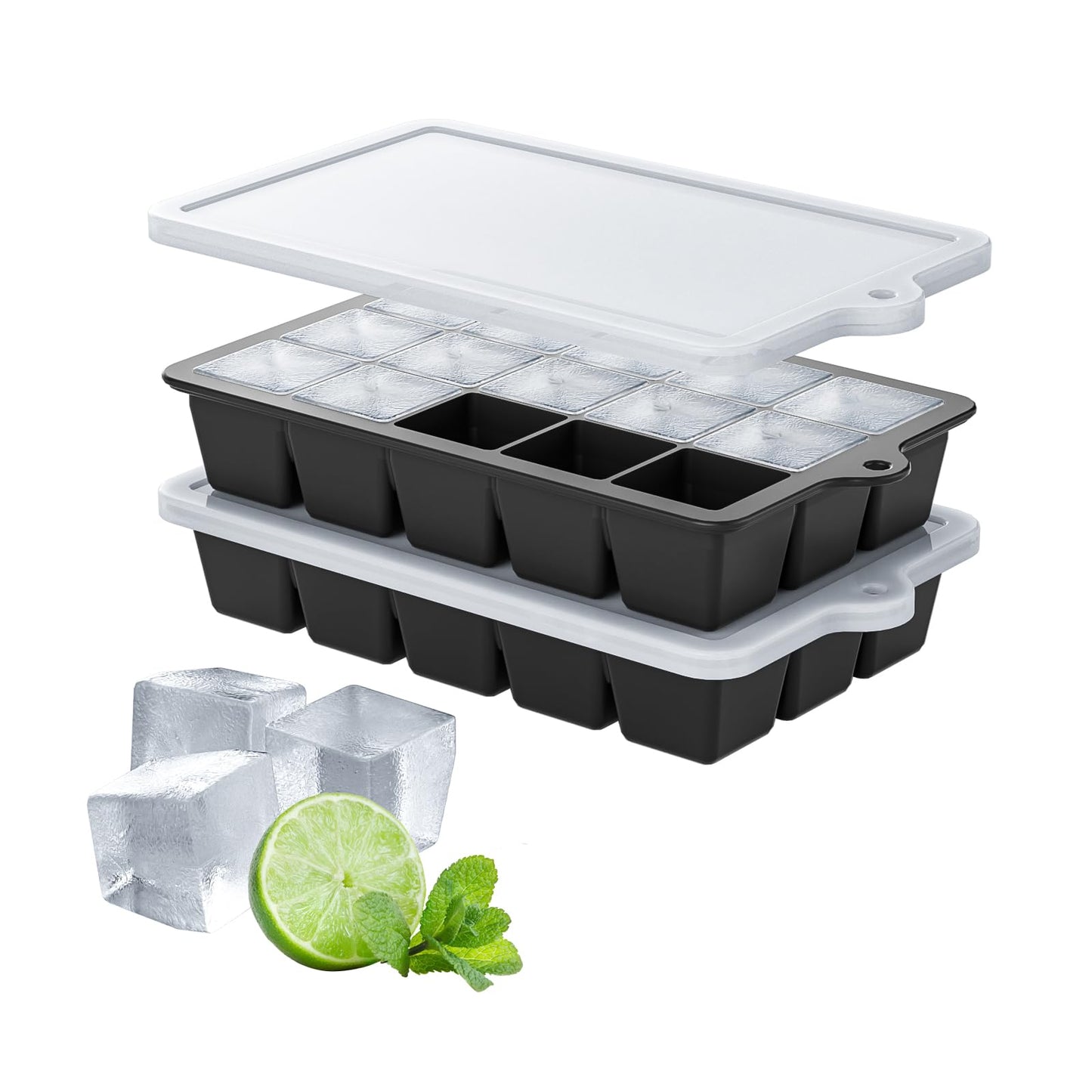 Silicone Ice Cube Tray 2 Pack, HANCELANT Ice Cube Mold, Ice Trays for Freezer with Lid for Whiskey, Cocktail, Drinks and Food, Freezer, BPA Free, Easy Release