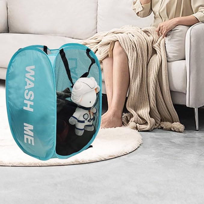 2Pack Mesh Pop Up Laundry Hamper, Foldable Laundry Basket with Side Pocket for Bedroom, Laundry Room, Travel, Cruise (Black+Blue)