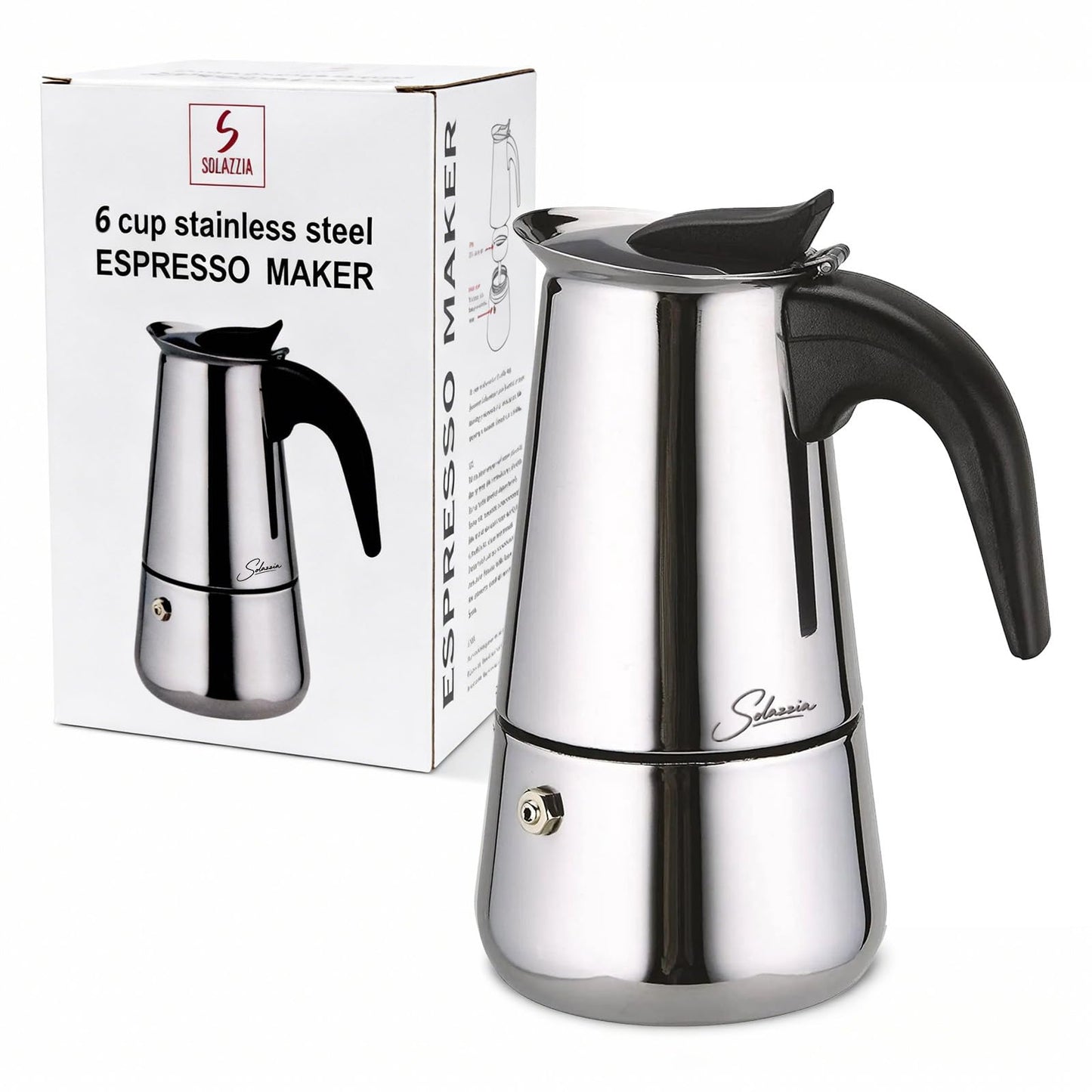 Solazzia Espresso Maker 6 Cup Moka Pot Stainless Steel Percolator coffee pot, Compatible with Gas, Electric, Ceramic, and Induction stovetops(10 fl oz/300 ml)