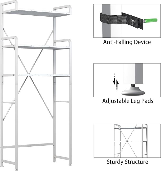 Over The Toilet Storage Rack with 3-Tier Bathroom Shelves, Space Saver Toilet Shelf, Bathroom Storage Organizer with Hooks for Over Toilet Storage and Bathroom Shelf (White Faux Marble)