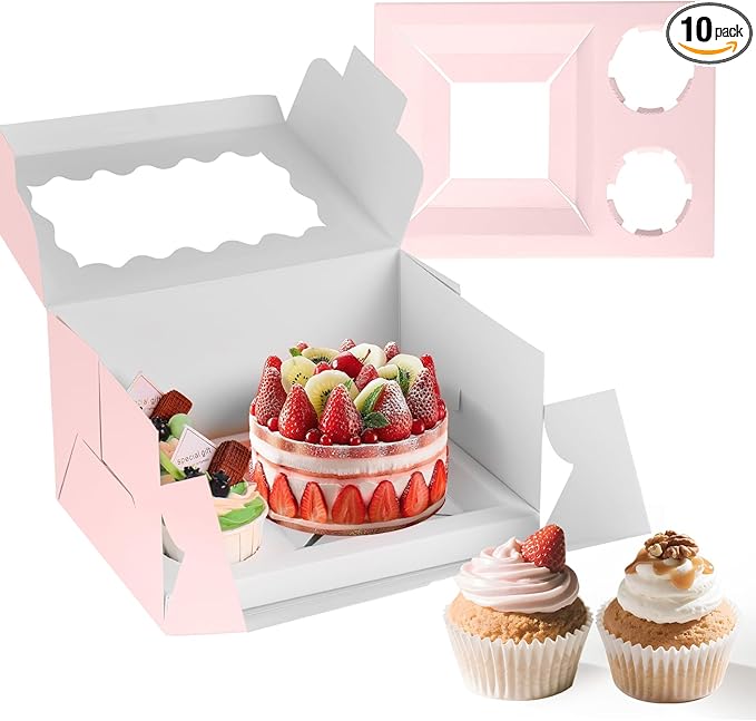 CHENZEM 10 Packs Bento Cake and Cupcake Box 3 Holes Fit 2 Cupcakes and 1 Mini Cake Box with Clear Window and Stickers for Father ‘s Day Birthday Party Bakery Baking Supplies. (1+2/10pcs)