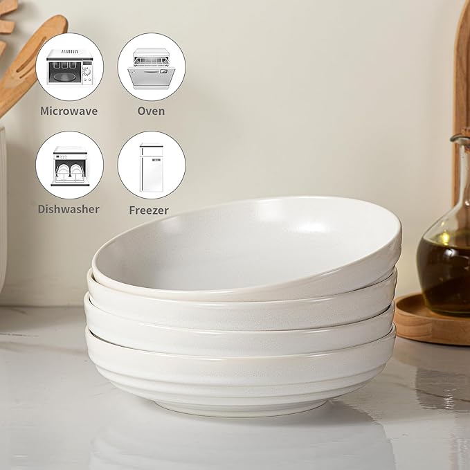 HAPPY KIT Stoneware 9'' 42oz Pasta Bowls Set 4, Frosted Granite White Glaze