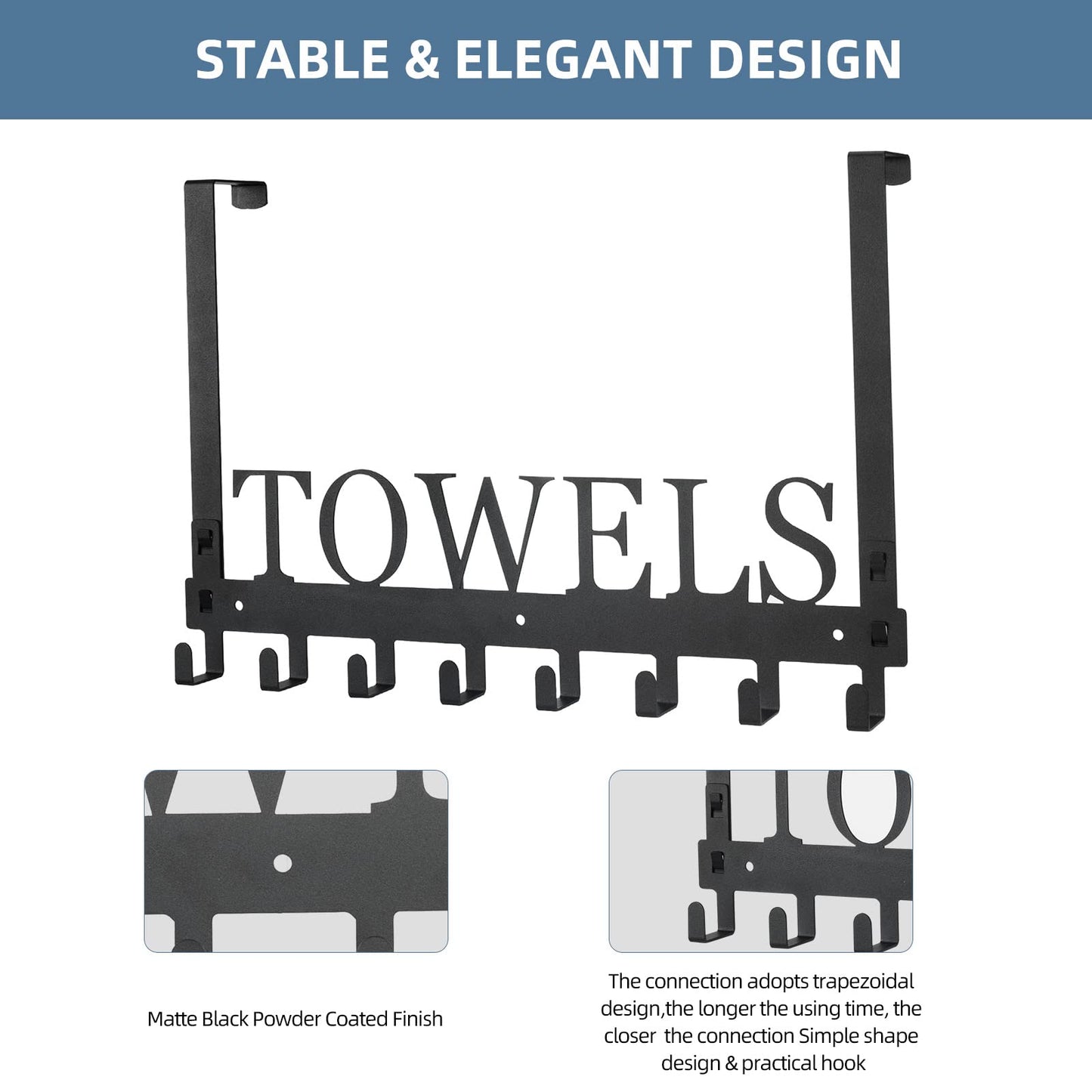 Azmoncy Over The Door Hooks, Towel Rack for Bathroom Towel Holder for Hanging Heavy Duty, Wall Mount Towel Hanger with 8 Hooks for Bedroom Bathroom Pool Kitchen Towels, Bag, Coats, Black