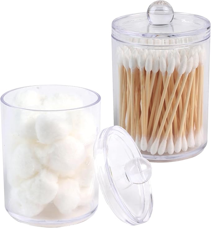 2 Pack Acrylic Qtip Holder Dispenser,Canisters Apothecary Jar Set, Vanity Makeup Bathroom Organizers and Storage Set, 10 and 12 oz