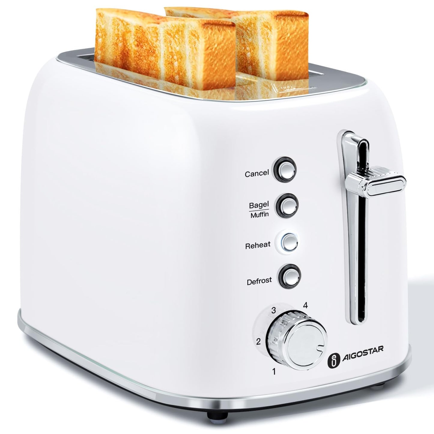 Aigostar Retro 2 Slice Toaster, Stainless Steel, White