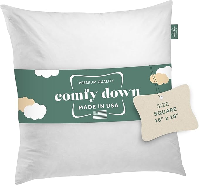 ComfyDown 20x20 Throw Pillow Insert, Down & Feather Fill, 100% Cotton Cover, Made in USA – Premium Soft Decorative Pillow Form Sham Stuffer for Bed, Sofa & Couch