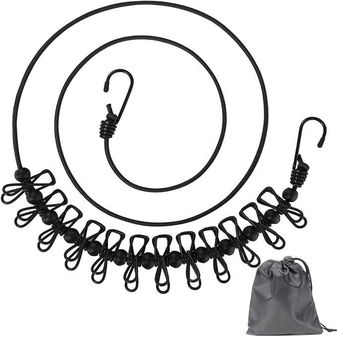 Retractable Portable Clothesline for Travel，Clothing line with 12 Clothes Clips，for Indoor and Outdoor Laundry Drying line，Outdoor Camping Accessories (Black)