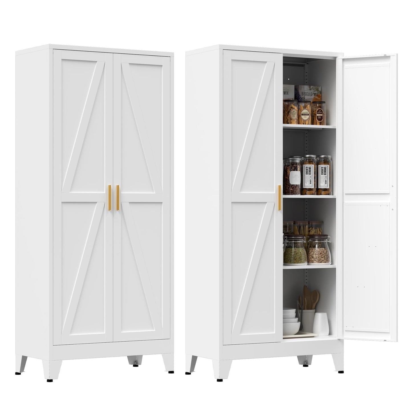 XIOMIOHTRQ 61" Tall Metal Pantry Cabinet, Kitchen Storage Cabinet with 2 Doors and 3 Adjustable Shelves for Kitchen, Living Room, Dining Room, Bathroom and Home, Office