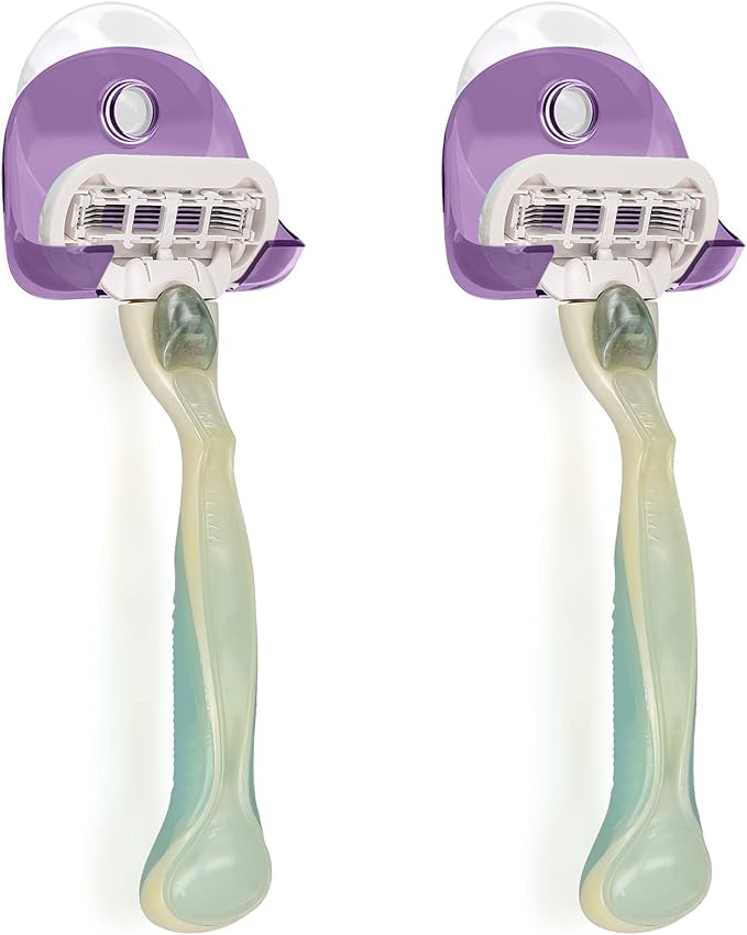 kwmobile 2x Razor Holder with Suction Cup - Self-Adhesive Shaver Wall Mount - Bathroom Organizer for Glass and Tiles - Lavender/Transparent