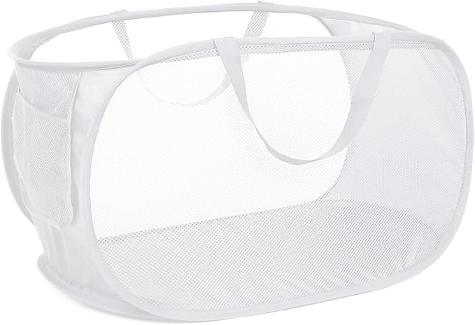 Strong Mesh Pop Up Laundry Basket, Collapsible Laundry Hamper with Side Pocket, Foldable Clothes Pop Up Hamper with Durable Reinforced Handles for Laundry, Bathroom, Kids Room, Dorm or Travel White
