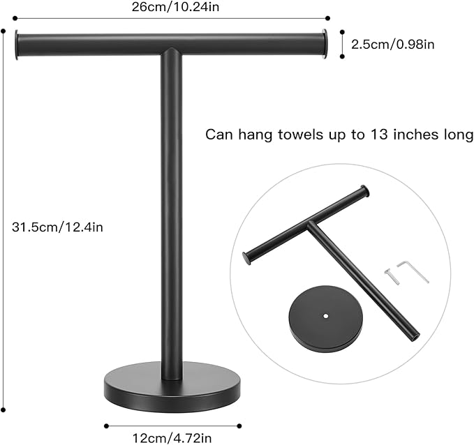 T-Shape Bath Hand Towel Holder Standing, SUS304 Stainless Steel Matte Black T-Shape Towel Bar Rack Stand with Heavy Base, Tower Bar for Bathroom Kitchen & Countertop